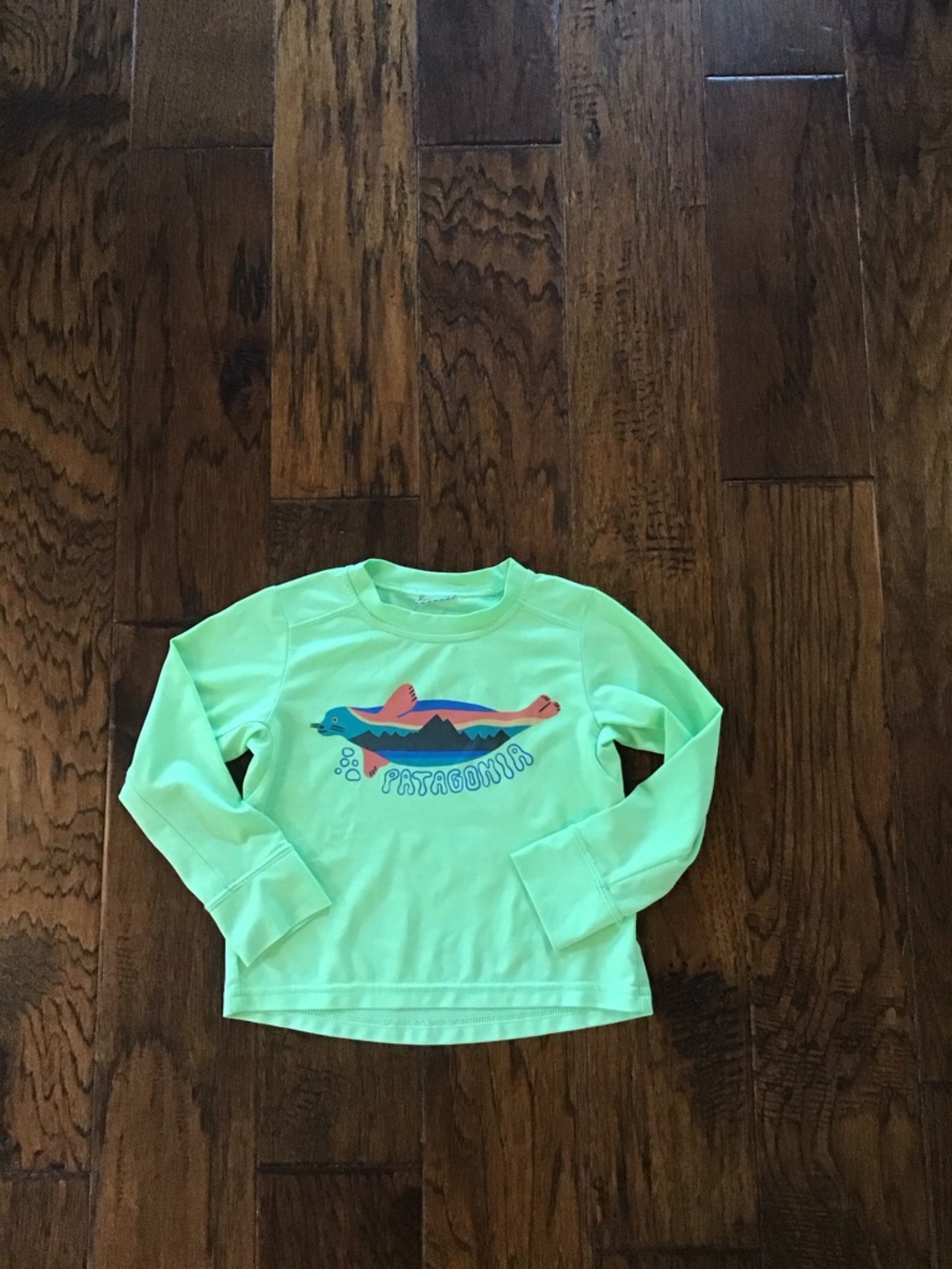 Patagonia Bright Green Kids Long-Sleeve Swim Shirt with Colorful Fish Graphic